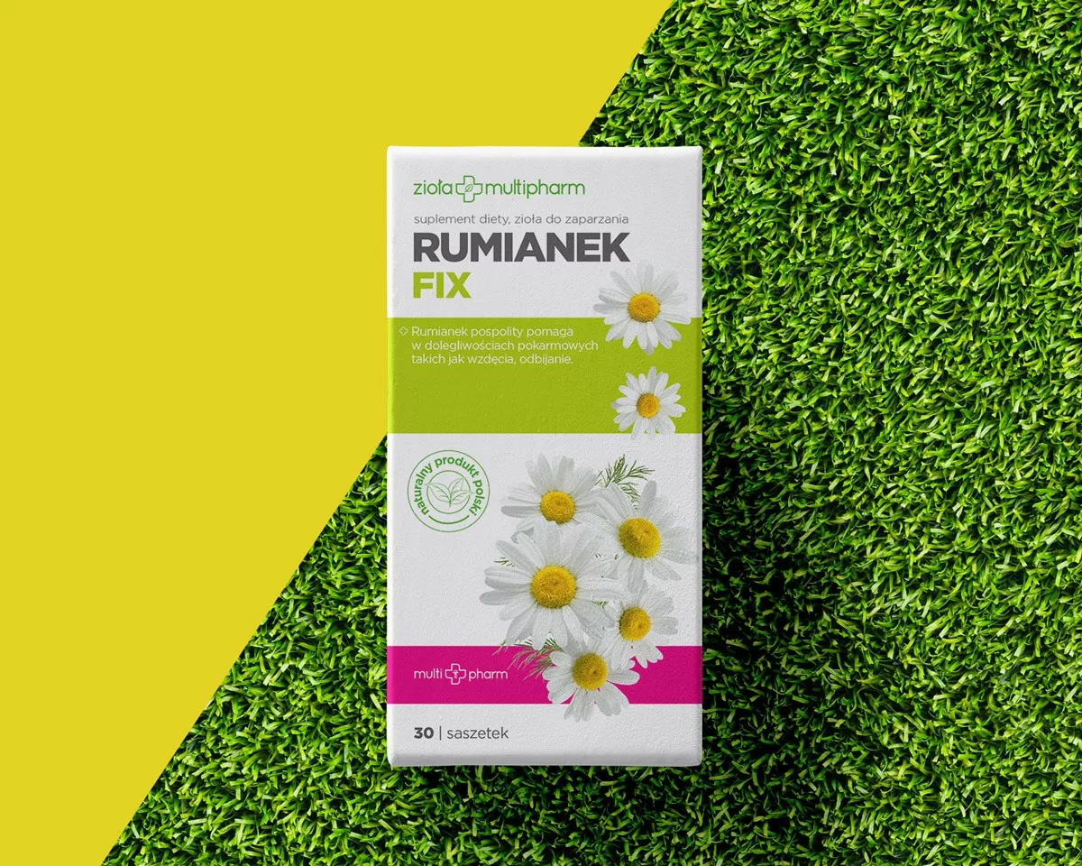 Projekt opakowań dla preparatów ziołowych Rumianek Fix Multipharm wykonany przez PharmaPack Design