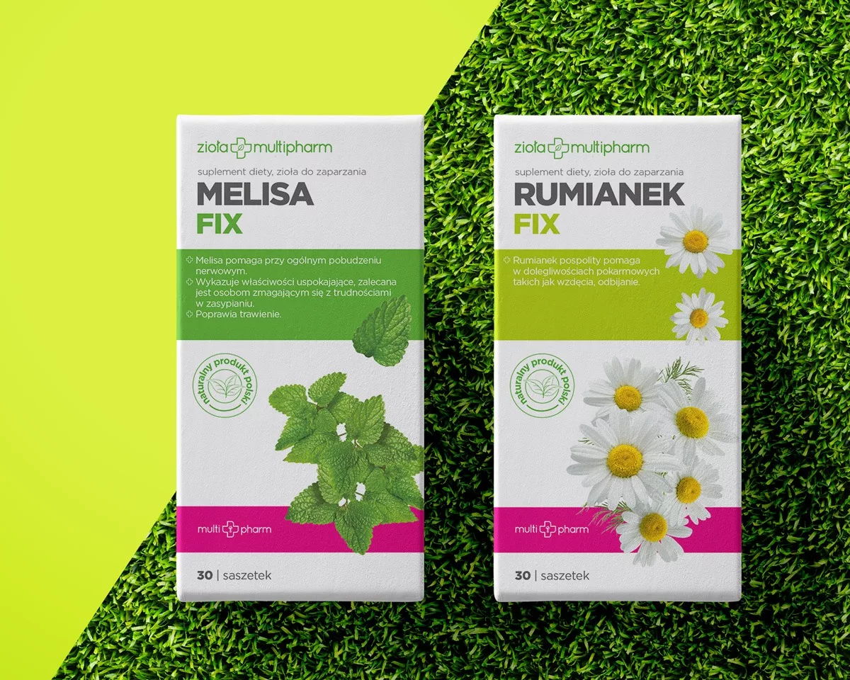 Projekt opakowań dla preparatów ziołowych Melisa Fix, Rumianek Fix Multipharm wykonany przez PharmaPack Design