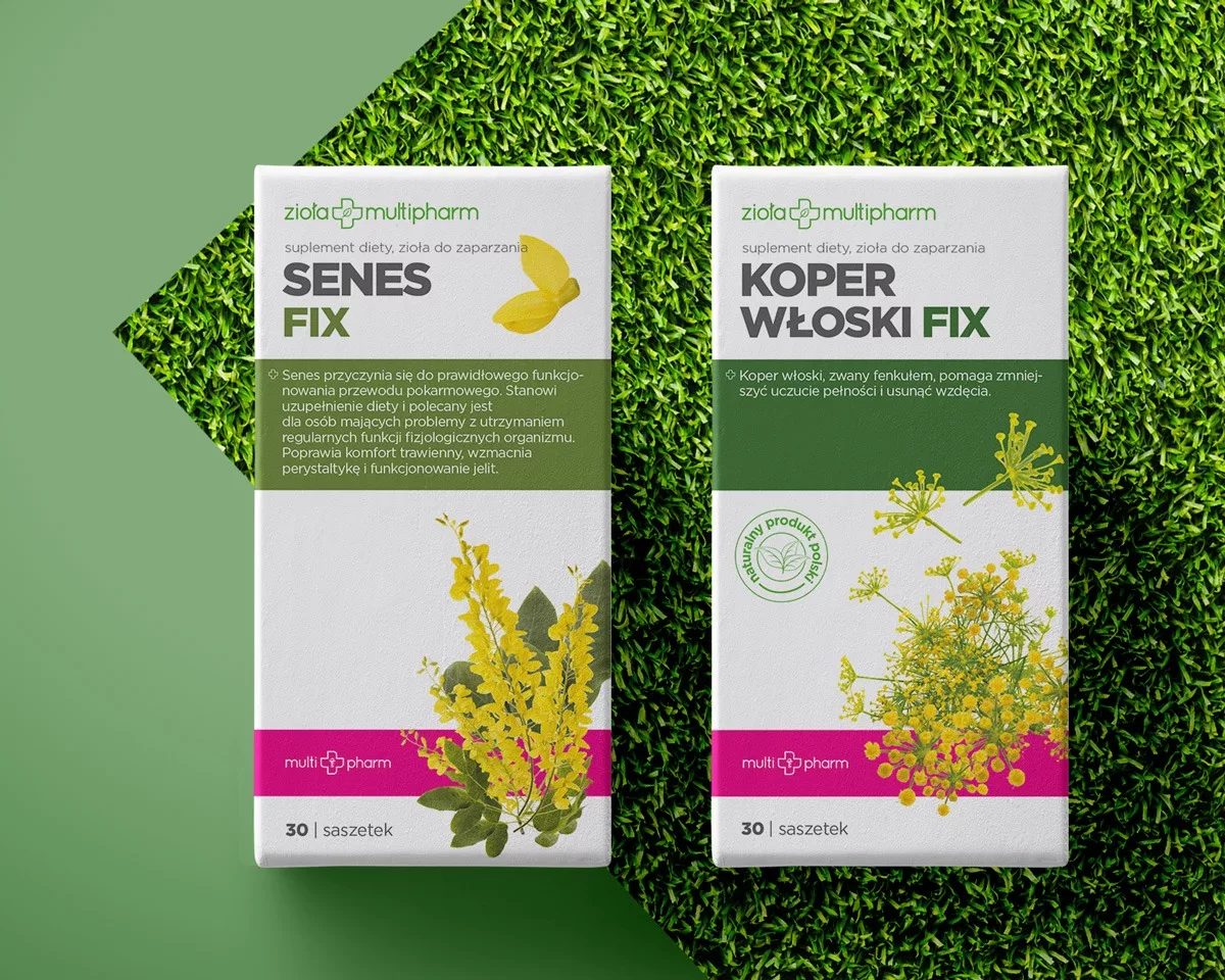 Projekt opakowań dla preparatów ziołowych Senes, Koper Włoski Fix Multipharm wykonany przez PharmaPack Design