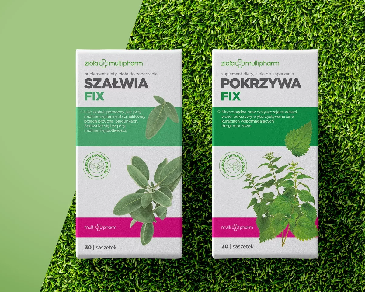 Projekt opakowań dla preparatów ziołowych Szałwia Pokrzywa Fix Multipharm wykonany przez PharmaPack Design