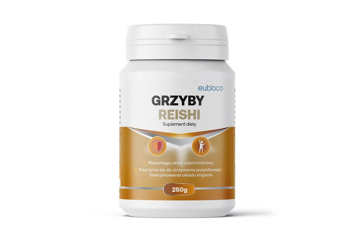 Projekt opakowania suplementu diety Grzyby reishi marki Eubioco przygotowany przez PharmaPack Design