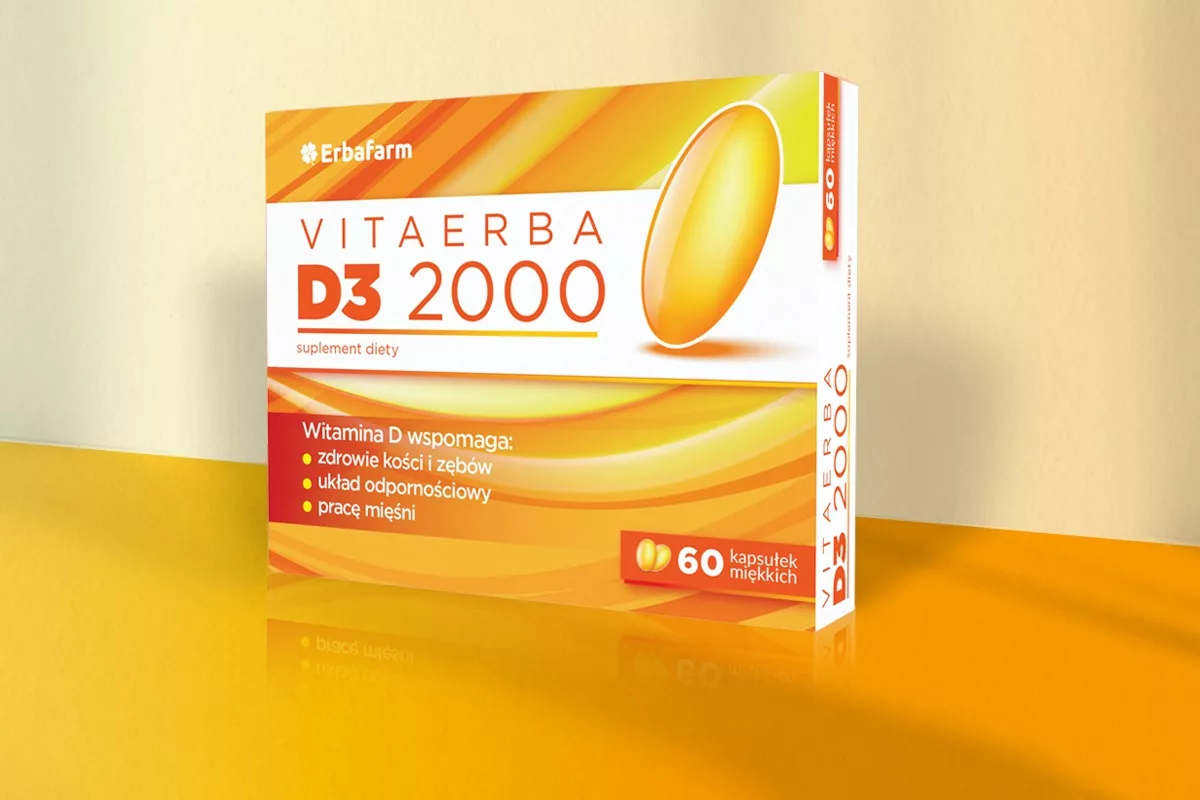 Elbafarm – projekt wizualny i design opakowania suplementu diety witaminy D3 autorstwa PharmaPack Design