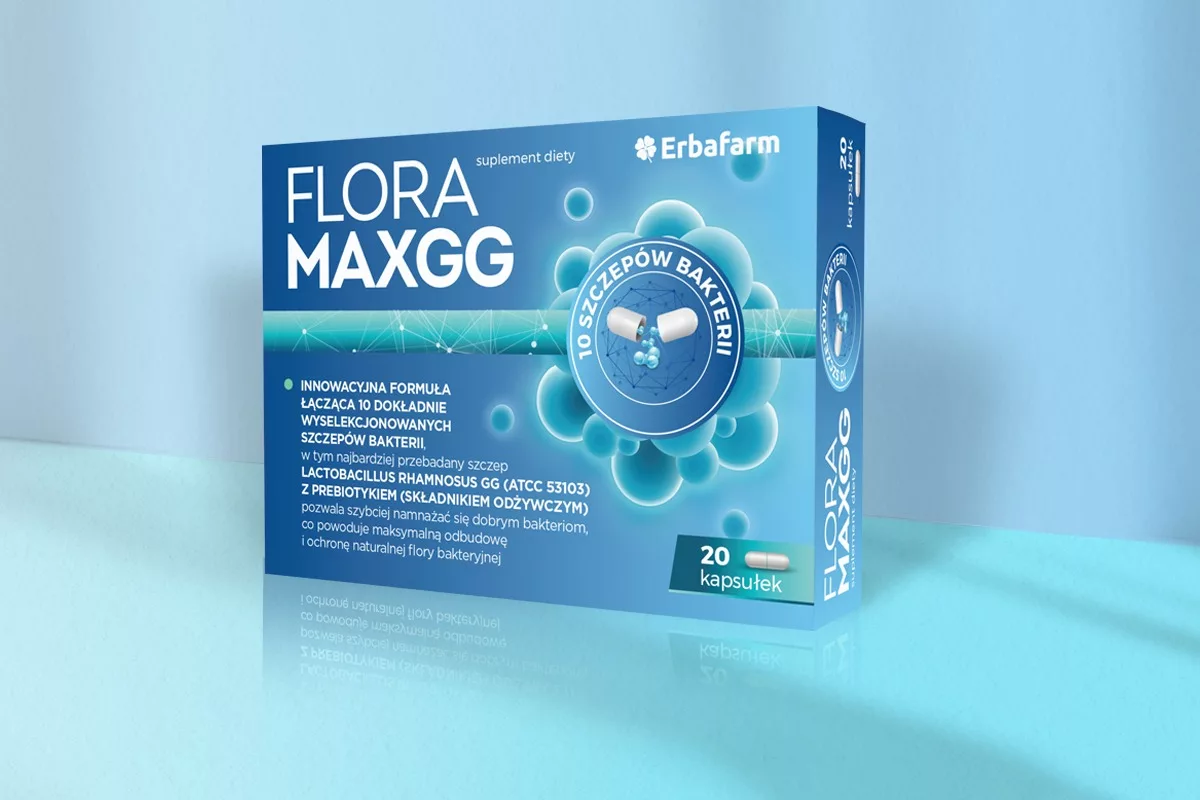 Projekt graficzny opakowań suplementu diety Flora Maxgg dla Elbafarm opracowany przez PharmaPack Design