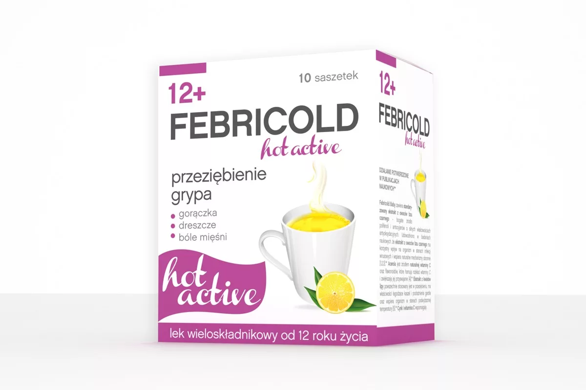 Projekt opakowania suplementu diety Febricold hot active przygotowany przez PharmaPack Design