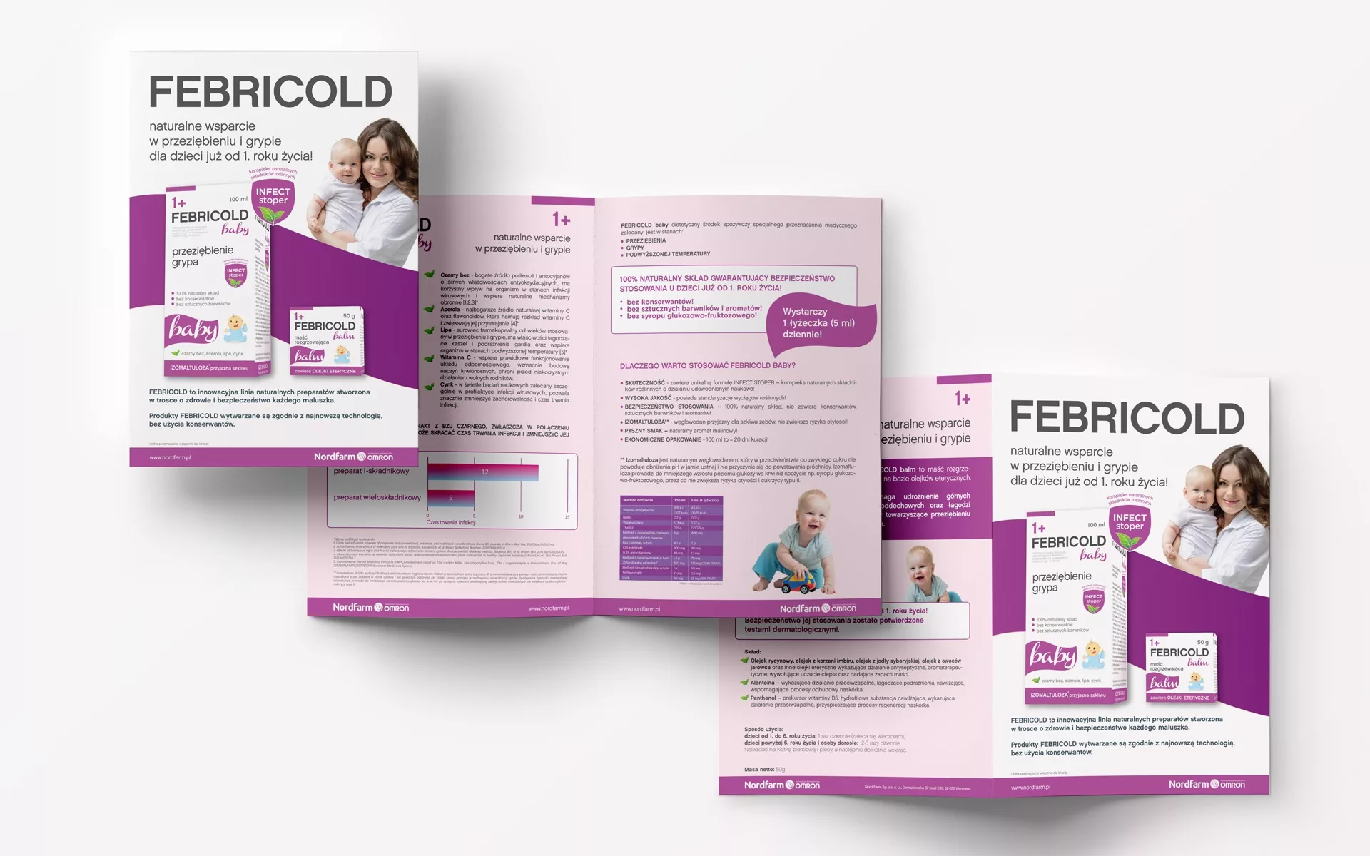 Projekt ulotki informacyjnej suplementu diety Febricold baby przygotowany przez PharmaPack Design