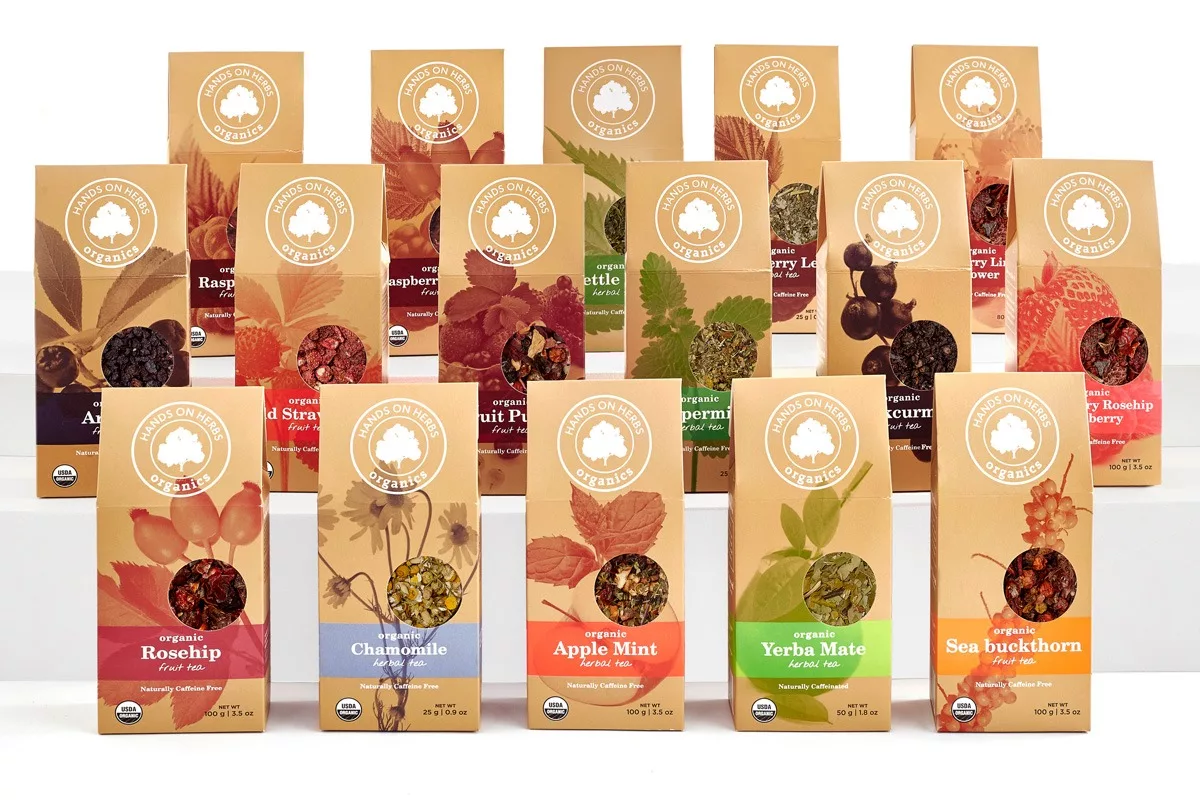 Projekt opakowań herbat HANDS ON HERBS przygotowany przez PharmaPack Design