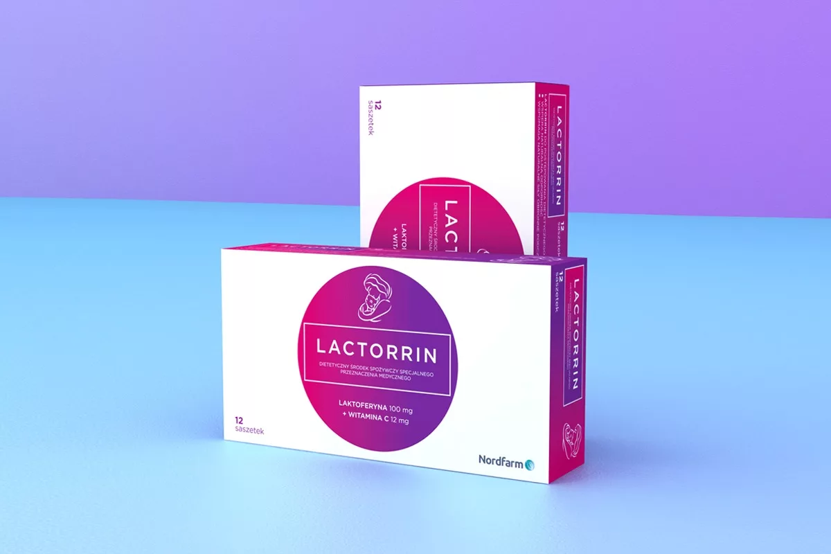Projekt opakowania dla dietetycznego środka spożywczego Lactorrin, wykonany przez PharmaPack Design