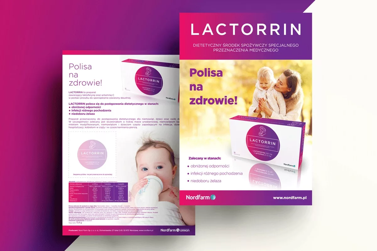 Projekt ulotki promocyjnej dietetycznego środka spożywczego Lactorrin, wykonany przez PharmaPack Design