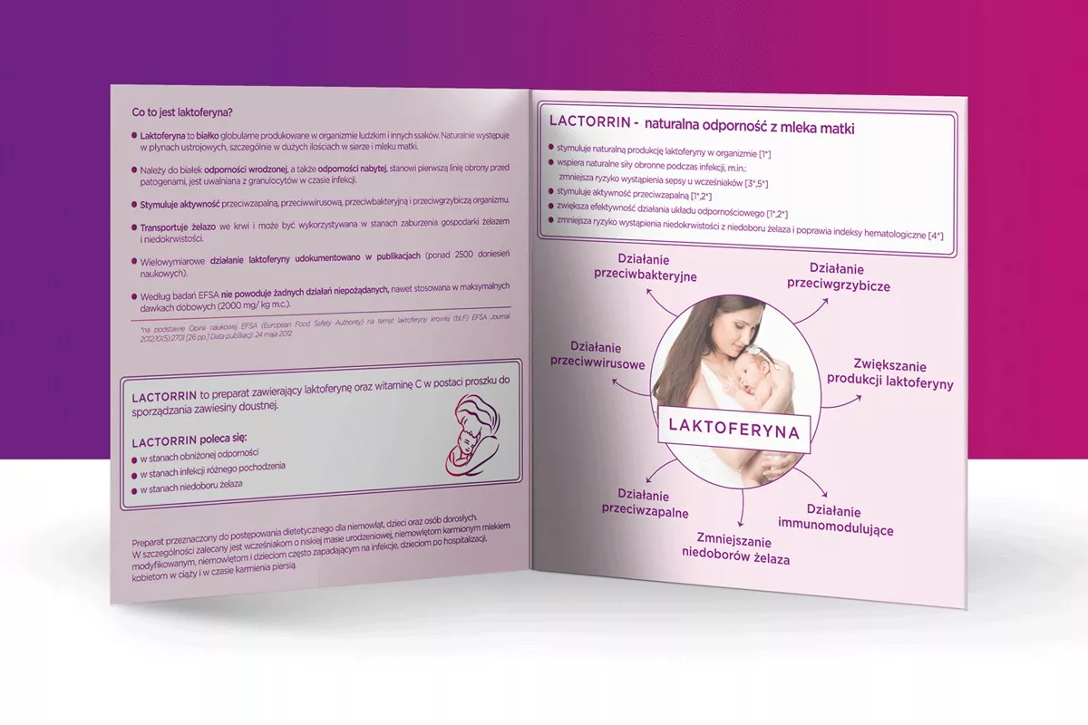 Projekt i wykonanie ulotki promocyjnej Laktyorrin przez PharmaPack Design