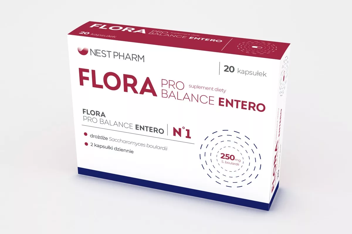 Projekt opakowania suplementu diety Flora Pro Balance Entero Nestpharm przygotowany przez PharmaPack Design