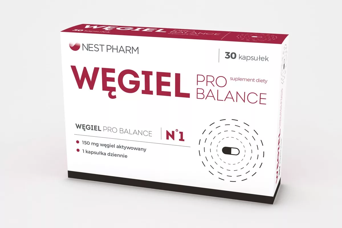 Opakowanie suplementu diety Węgiel Pro Balance Nestpharm – projekt graficzny PharmaPack Design