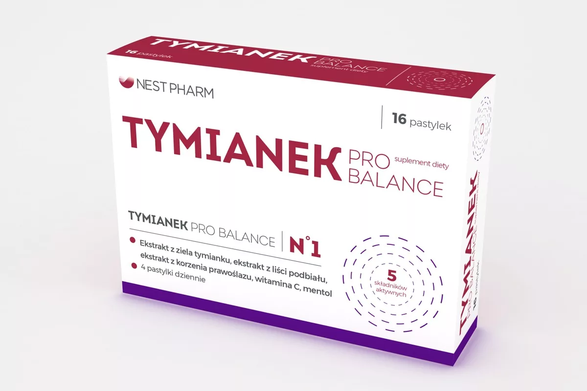 Projekt opakowania suplementu dietyTymianek Pro Balance Nestpharm przygotowany przez PharmaPack Design