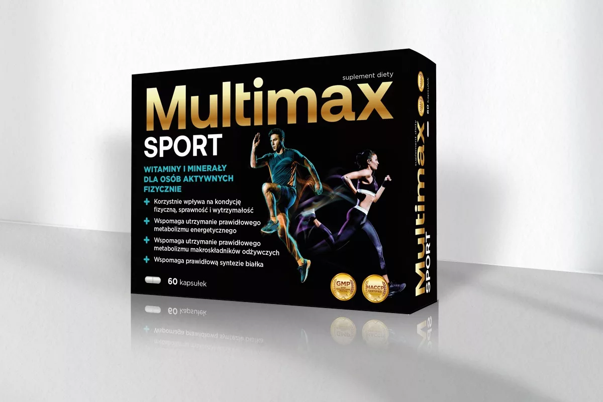 Projekt opakowania suplementu diety Mulitmax Sport, autorstwa PharmaPack Design