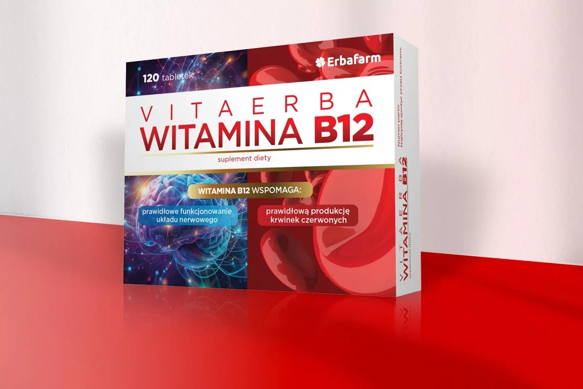 Projekt opakowań suplementów diety witamina B12 dla Erbafarm, przygotowany przez PharmaPack Design