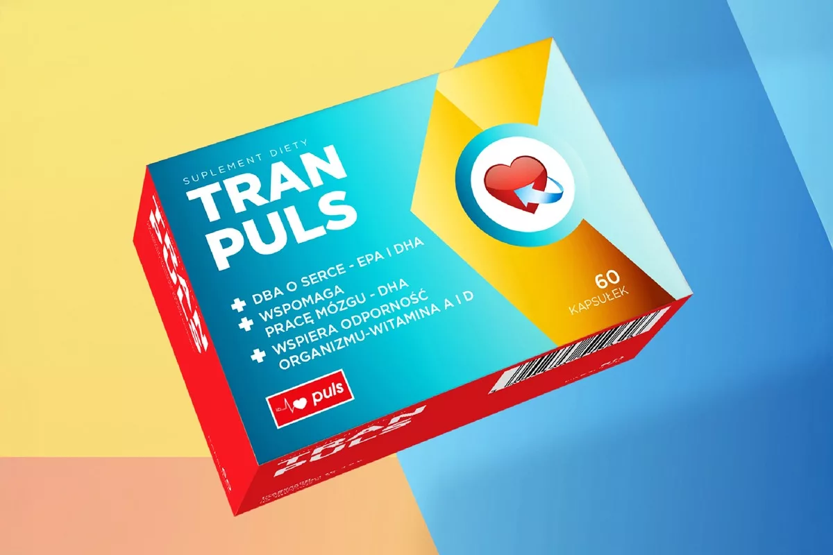 Opakowanie suplementu diety Tran Plus zaprojektowane przez PharmaPack Design