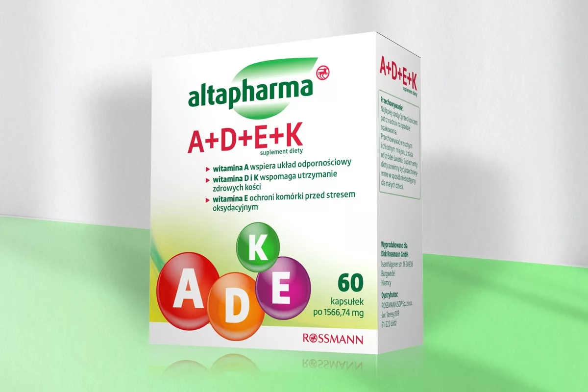 Projekt opakowania suplementu diety A+D+E+K Altapharma przygotowany przez PharmaPack Design