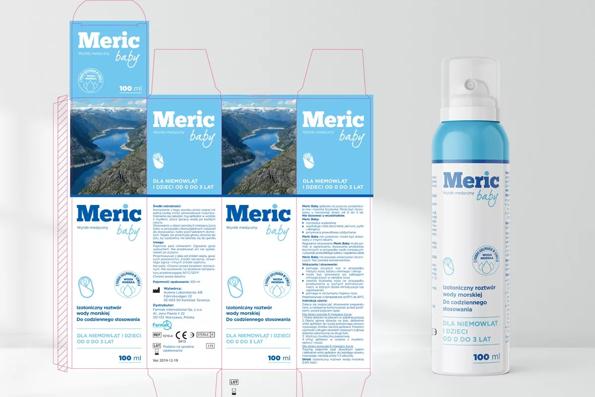 Projekt opakowania wyrobu medycznego Meric baby, wykonany przez PharmaPack Design