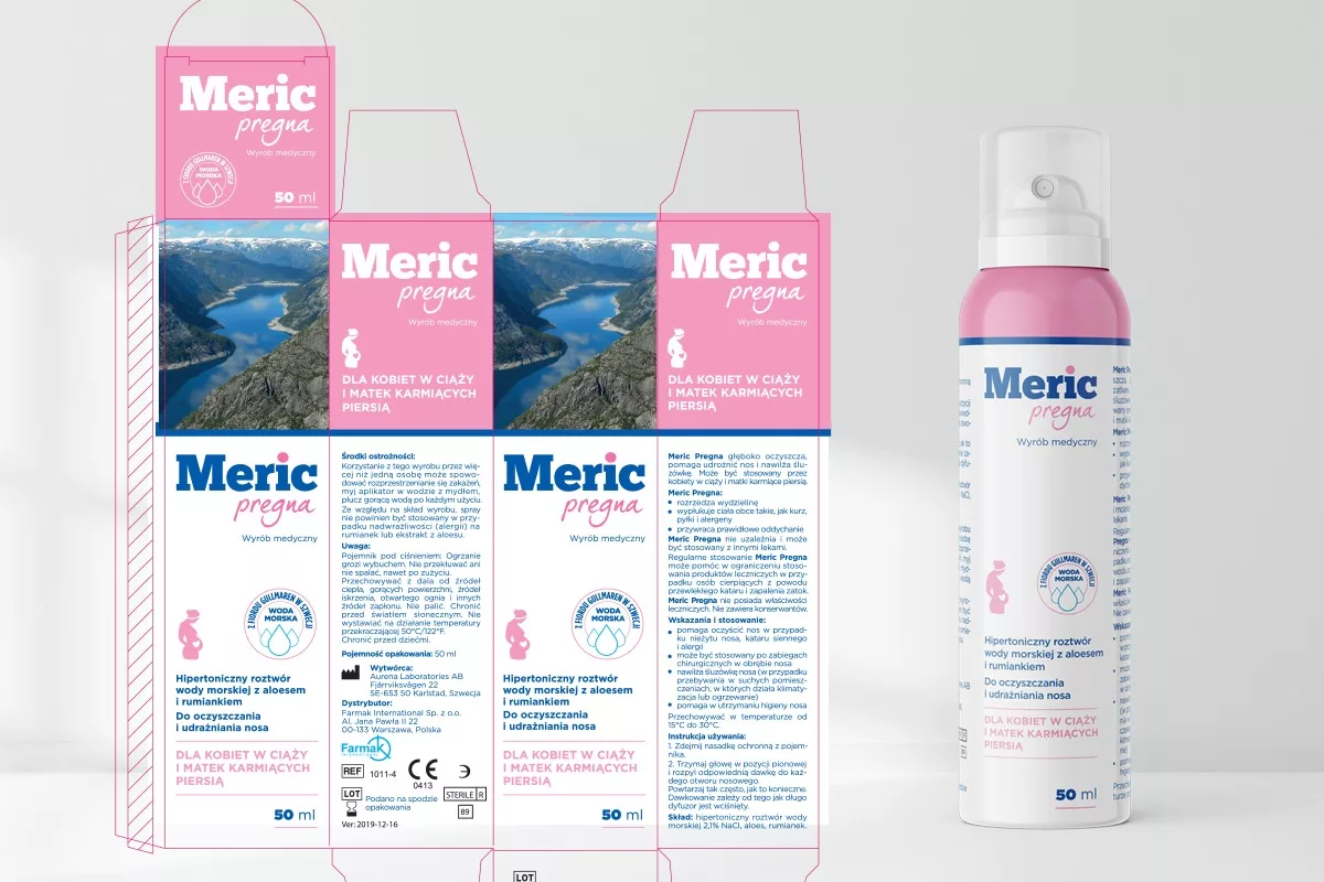 Projekt opakowania wyrobu medycznego Meric pregna, wykonany przez PharmaPack Design