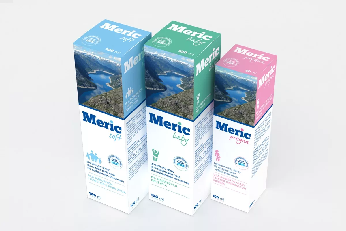 Projekt opakowania wyrobu medycznego -aerozoli wody morskiej Meric - wykonany przez PharmaPack Design