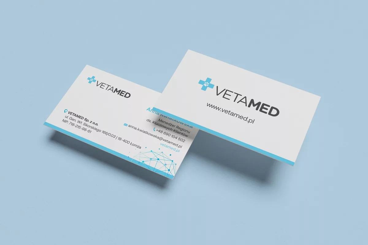 Projekt i wykonanie wizytówki dla marki Vetamed, opracowany przez PharmaPack Design