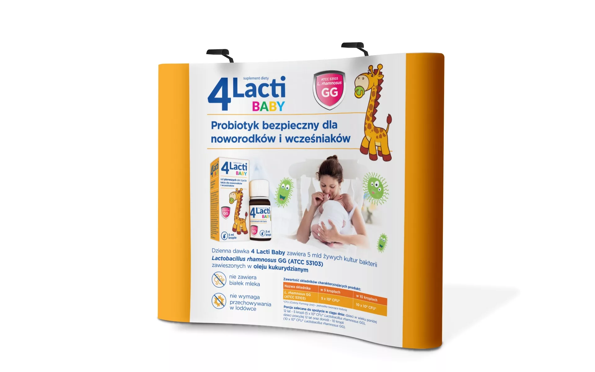 Projekt graficzny ścianki dla suplementu diety 4Lacti Baby autorstwa PharmaPack Design